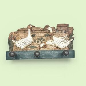 Vintage Resin Goose Wall Hook Rack Rustic Farmhouse Organizer 3 Wood Hooks Green